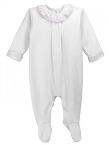 Baby Girl All in One with Beautiful Collar With a Delicate Hint of Pink and Front Pleat Detail. Super Soft Cotton in Gift Box