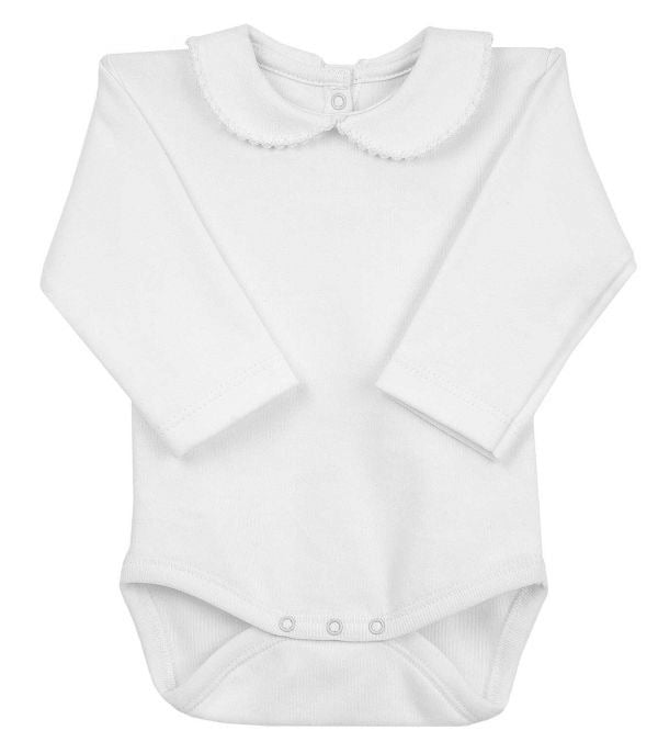 Baby Long Sleeved Body Vest with Peter Pan Collar with Trim. Super Soft Cotton in Gift Box