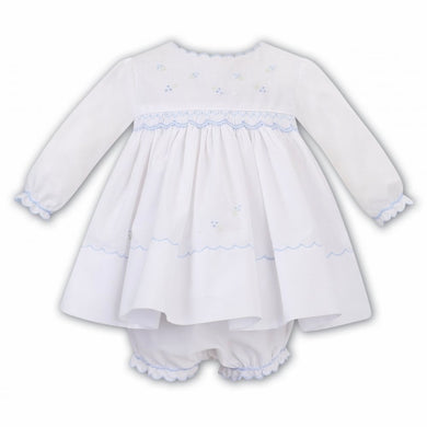 Girls Long Sleeved Dress and Panty Set with Traditional Hand Smocked and Embroidered Applique Detail.