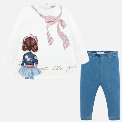 Girls Leggings Set in Soft Cotton Long Sleeved Glitter Detailed Front with Light Soft Denim Coloured Leggings