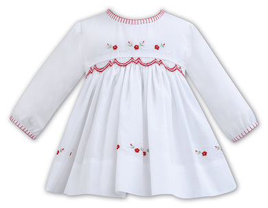 Girls Short Sleeved Dress with Traditional Smocking Delicate Embroidery and Stitching to Neckline, Chest, Sleeves and Hemline