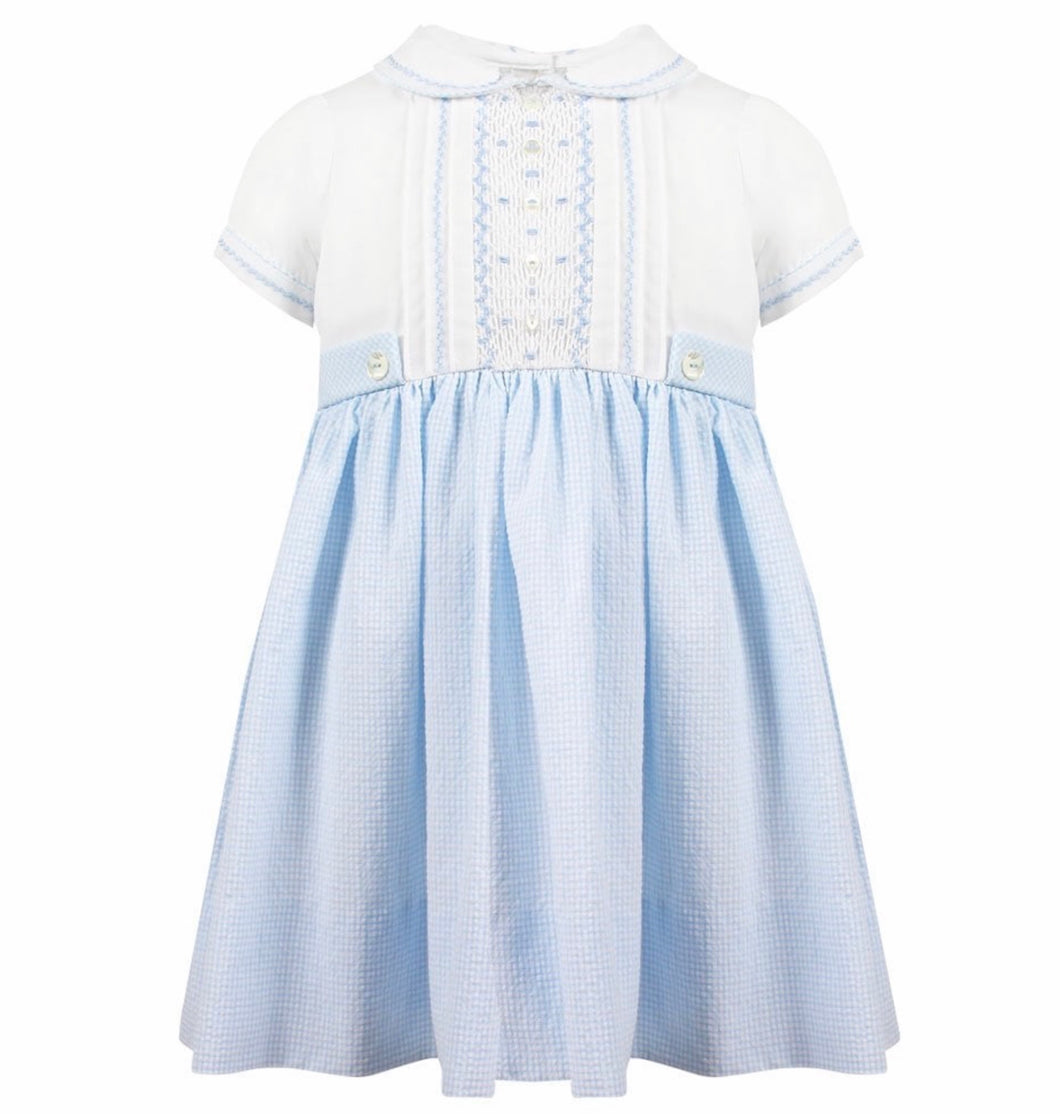 Girls Short Sleeved Dress, Crisp Cotton Smocked annd Embroidered Detailed Top, Gingham Skirt with Button Detailed Waist