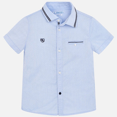 Boys Short Sleeved Shirt with Stripe Detail on Collar and Breast Pocket