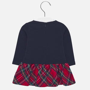 Girls Long Sleeved Dress with Plain Top, with Trim on Neck and Detailed Applique Tartan Bow, Full Tartan Skirt. Back Zip Fastening