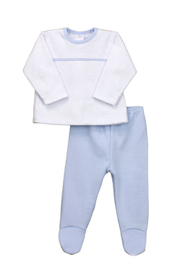 Baby Boys Set with Long Sleeved Spotted Top with Contrasting Trim on Neckline and Chest and Plain Bottoms with Feet.in Soft Cotton Gift Box