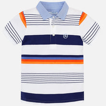 Boys Short Sleeved Striped Polo Shirt with Contrasting Chambray Collar