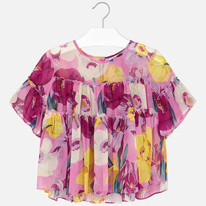 Girls Delicate Floral Print Chiffon Short Sleeved Blouse. Round Neck. Back Button Fastening.