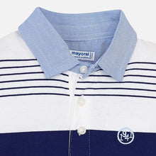 Boys Short Sleeved Striped Polo Shirt with Contrasting Chambray Collar