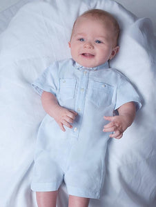 Baby Boys Fine Stripped Short Sleeved Romper with Button Down Collar, Breast Pockets and Button Down Front