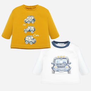 Baby Boys 2 Piece Set Long Sleeved T Shirt with Car Designed Front in Soft Cotton and Soft  Feeling Lined Cuffed Trousers with 5 Mock Pockets