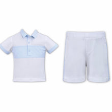 Shorts with Contrasting Checked Fabric Stripe on Side and Short Sleeved Shirt Style Top, Contrasting Collar, Sleeve Trim and Front Panel