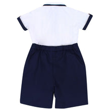 Boys Short Sleeved Shirt with Contrasting Button, Trim on Neck, Sleeves and Front Pocket, Adjustable Button on Shorts