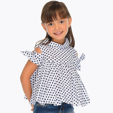 Girls Polkadot Off the Shoulder Blouse with Bow Detail on Open Sleeve, Shirt Collar, Fitted to the Chest with Loose Bodice