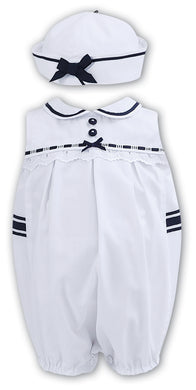 Baby Girl Sleeveless Sailor Style Romper and Hat, Lace Trim, Ribbon and Button Detail, Peter Pan Collar