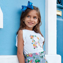 Girls High Waisted Peg Style Trousers in Delicate Printed Nautical Fabric with Ruffled Sleeveless Matching Print T-Shirt