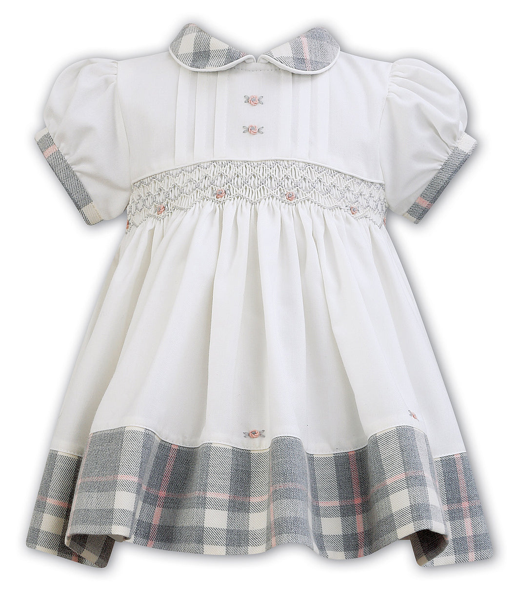 Girls Short Sleeved Dress with Delicate Embroidered Smocking Front, Tartan Trim on Sleeves, Hem and Peter Pan Collar