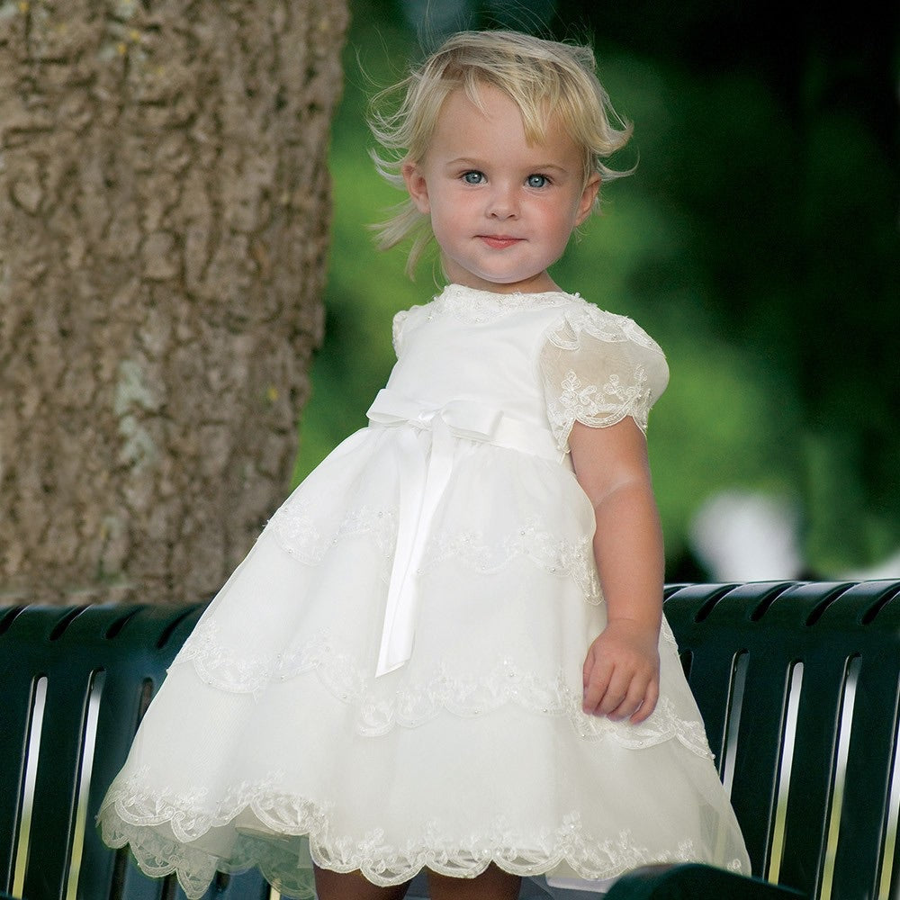 Girls Ceremonial Ballerina Length Dress. Short Puffed Sleeves Adorned Pearls with Delicate Lacey Embroidery.