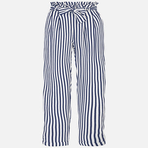 Girls Loose Fitting Tapered Striped Trousers with High Waistand Belt and T-Shirt with Studded Detailed Front and Lace Detail on Sleeves