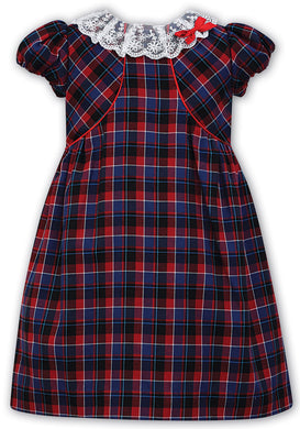 Girls Short Sleeved Tartan Dress with Piping Detailing a Bolaro Top, Delicate Lace with Velvet Bow Trim on Neckline