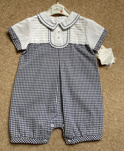Baby Boys Short Sleeved Romper, Gingham Fabric with Crisp Cotton Detailed Stitched Top. Peter Pan Detailed Collar