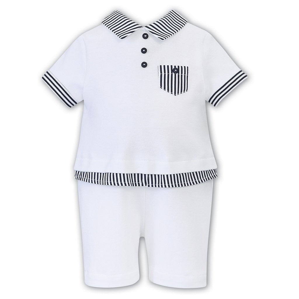 Baby Boys Short Sleeved Romper with Contrasting Stripped Peter Pan Collar, Shirt Detail, Chest Pocket and Sleeve Trim,