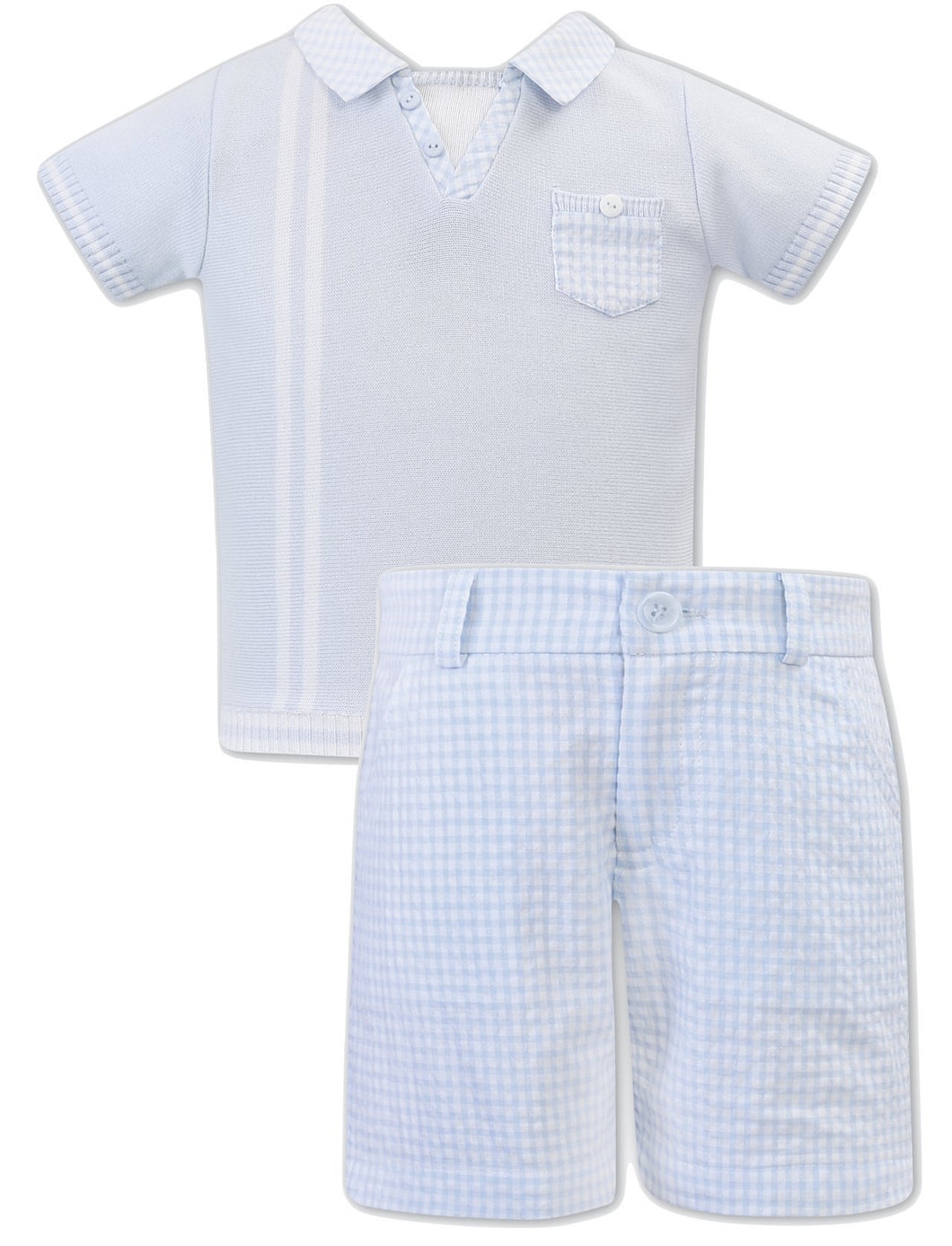 Boys Shorts Set, Short Sleeved Polo Top with Contrasting Collar and Breast Pocket, Stripe Detail, Checked Shorts with Adjustable Waist