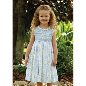 Girls Sleeveless Dress in Floral Fabric, Hand Smocking and Applique Embroidery, Round Neck with Fabric Trim