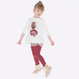 Girls Legging Set, Long Sleeved Detailed Print Applique Top with Imitation Rhinestones. Faux Suede Fabric Sheen LeggingsRuby
