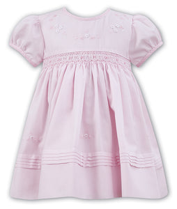 Traditional Hand Smocked and Embroidered Short Sleeved Dress with Frilled Neckline and Detailed Hemline