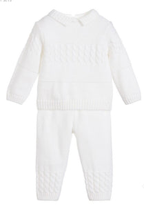 Baby Boys Cable and Detailed Knitted 2 Piece Set, Long Sleeved Top with Collar and Matching Bottoms.