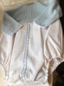 Baby Boys Long Sleeved Romper with Detailed Knitted Top and Beautiful Bottoms with Lace Detail Panel on Front