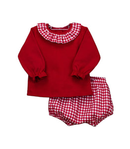 Baby Girls 2 Piece Shorts Set, Plain Long Sleeved Top with Contrasting Checked Fabric Frilled Collar with Checked Jam Pants in Soft Fabric
