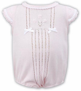 Baby Girl Cable and Scolloped Detailed Fine Knitted Cap Sleeved Romper, Bow and Applique and Pearl Detail