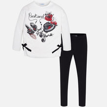 Girls Loose Fitting, Split Hem with Bows, Long Sleeved Print and Stud Detailed T-Shirt and Stretch Leggings