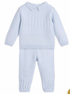 Baby Boys Knitted 2 Piece Suit, Polo Style Collar with Cable Detail on Jumper and Cuffs of Trousers