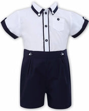 Boys Short Sleeved Shirt with Contrasting Button, Trim on Neck, Sleeves and Front Pocket, Adjustable Button on Shorts