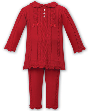 Girls Traditional Knitted Set. Cable Detailed Leggings with Long Top, Scallop Detail on Hemline and Peter Pan Collar