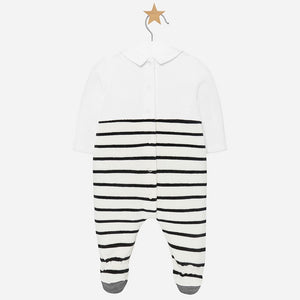 Baby Boys Romper with Feet. Soft Velvety Feel, Striped Overall with Plain Collared Sewn in Shirt Front Pocket and Applique Ted