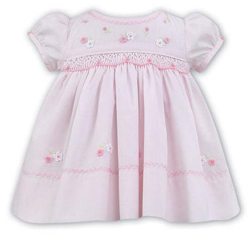 Pretty Round Necked, Short Sleeved Hand Smocked Dress with Delicate Stitching and Applique Embroidery Detail