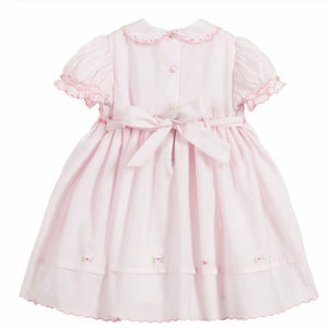Hand Smocked and Embroidered Short Sleeved Dress with Peter Pan Embroidered Scalloped Trim Collar and Hemline