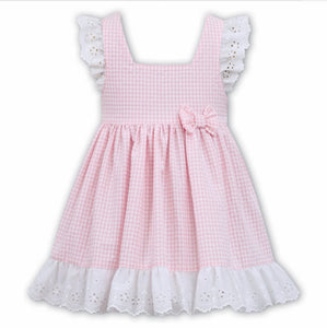 Gorgeous Gingham Pinafore Style Dress, Delicate Broderie Anglaise Lace Trim on Cross Over Sleeve and Hemline