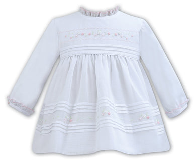 Girls Long Sleeved Dress with Embroidered, Applique and Pleat Detail, Frilled Detailed Neckline