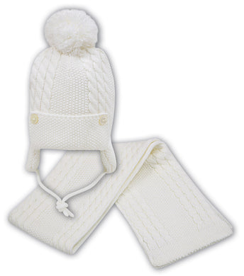 Baby Boys Chunky Cable Knit Pom Hat with Ear Protectors and under Chin Fastening. Button Detail on Front, Matching Scarf
