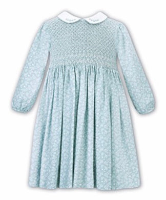 Girls Long Sleeved Dress with Contrasting Trimmed Collar, Hand Smocking, Embroidery and Applique Detail Bodice