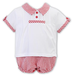 Baby Boys Short Sleeved Shirt Style Romper. Checkered Bottoms with Contrasting Fabric Trim on Collar, Sleeve and Top