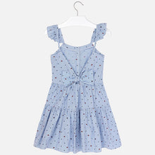 Girls Striped with Stars Dress in Poplin Fabric Fitted to Waist with Tiered Skirt. Button Front Fastening with Bow Detail