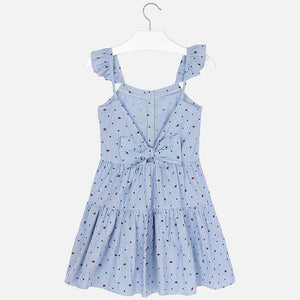 Girls Striped with Stars Dress in Poplin Fabric Fitted to Waist with Tiered Skirt. Button Front Fastening with Bow Detail