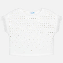 Girls Studded Front Round Neck T-Shirt with Lace Detailed Short Sleeves. Soft Stretch Cotton Fabric