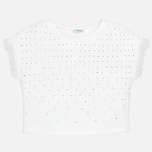 Girls Studded Front Round Neck T-Shirt with Lace Detailed Short Sleeves. Soft Stretch Cotton Fabric