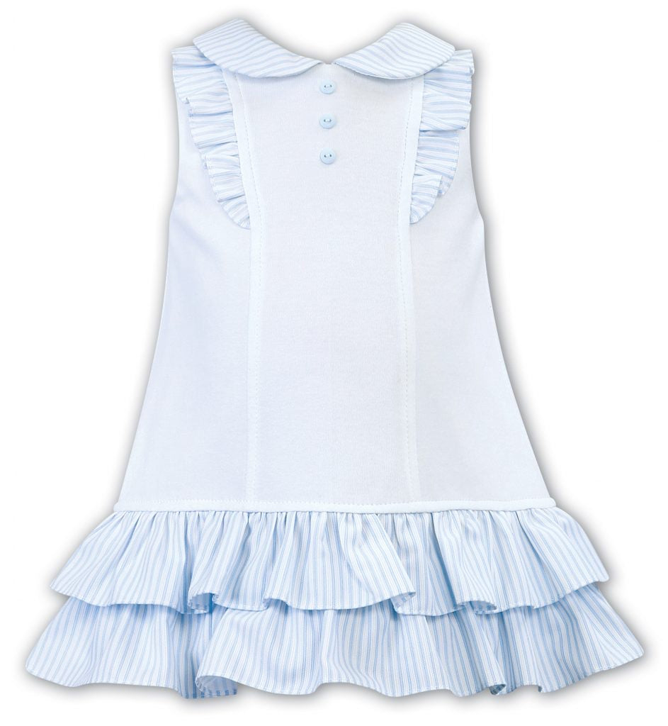 Girls Sleeveless Dress, White with Striped Double Frills to Hemline, Collar and Chest Detail, Front Button Detail